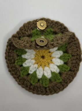 Handmade Crocheted Floral Coin Pouch in Brown, Green, White, Yellow